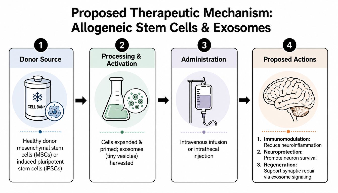 A diagram illustrating the four-step therapeutic mechanism of allogeneic stem cell and exosome treatment for neurological conditions.