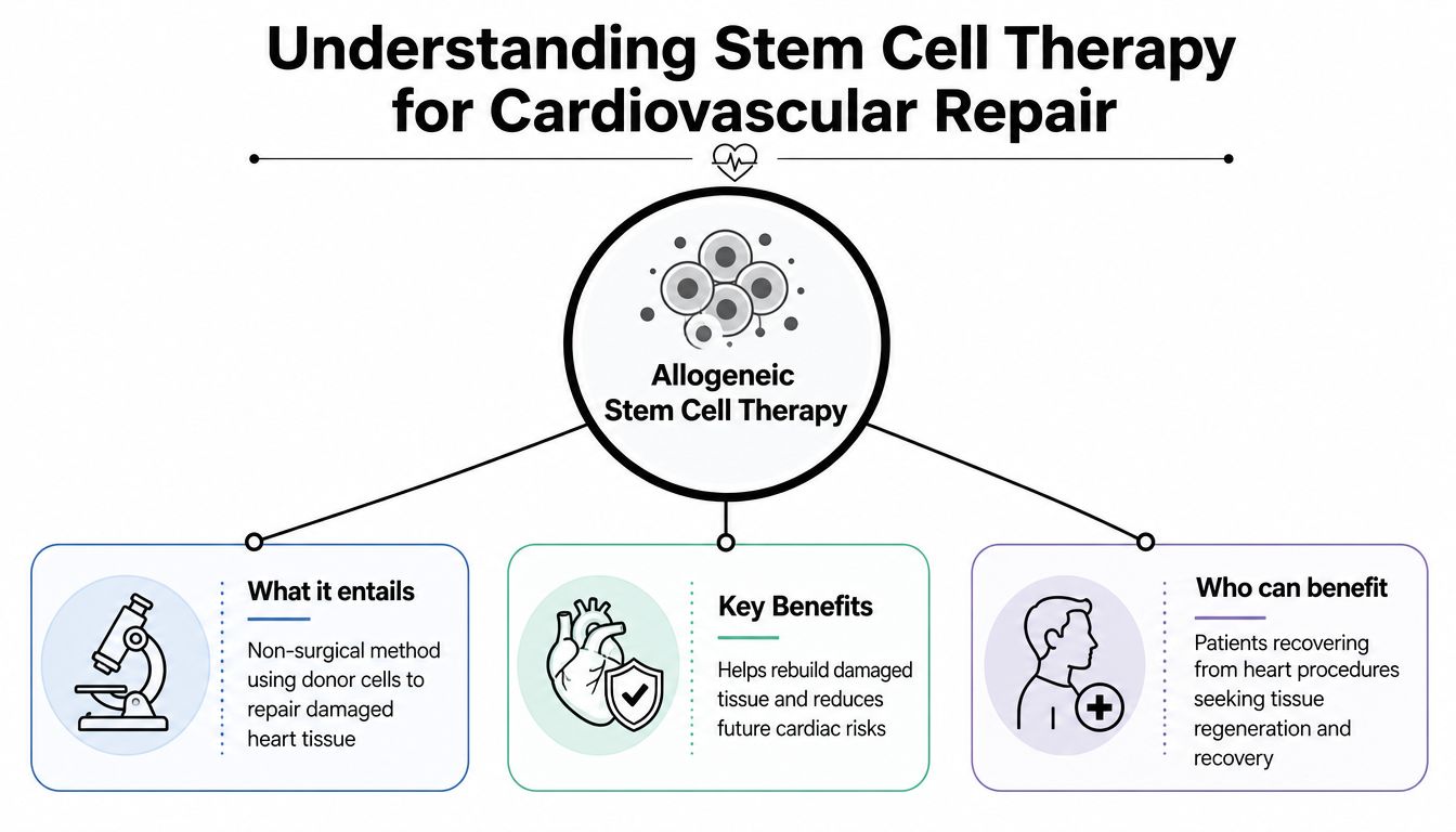 An infographic explaining allogeneic stem cell therapy as a non-surgical treatment for repairing damaged heart tissue.