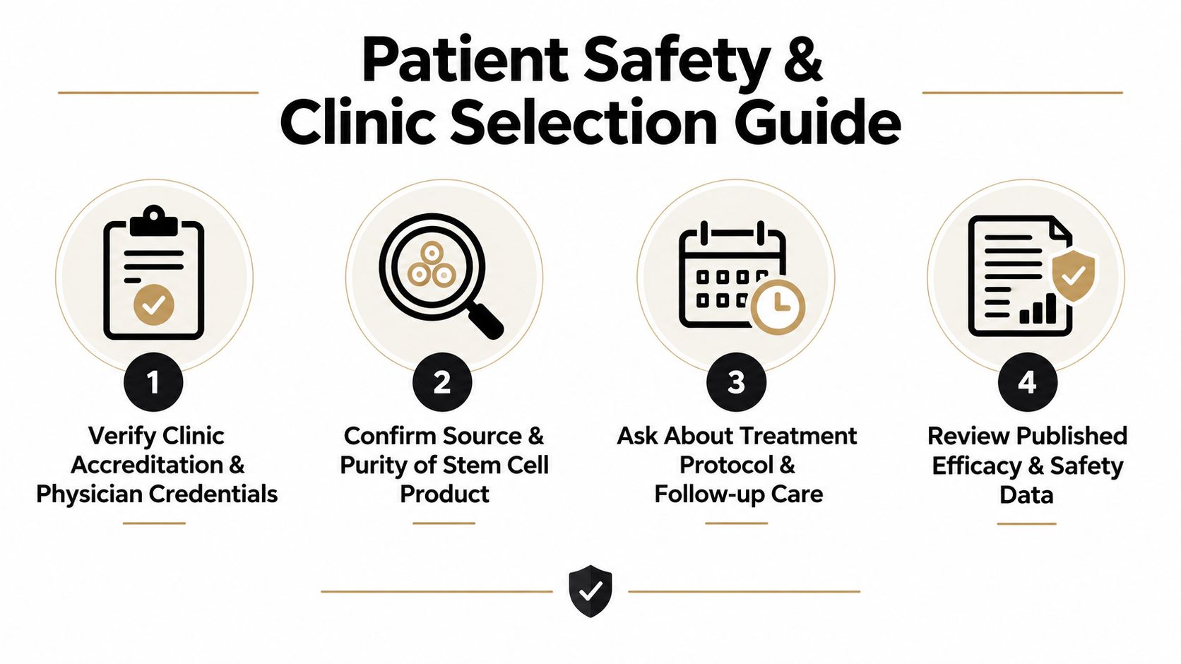 A four-step infographic guide for patients on safely selecting a stem cell clinic for medical treatment.
