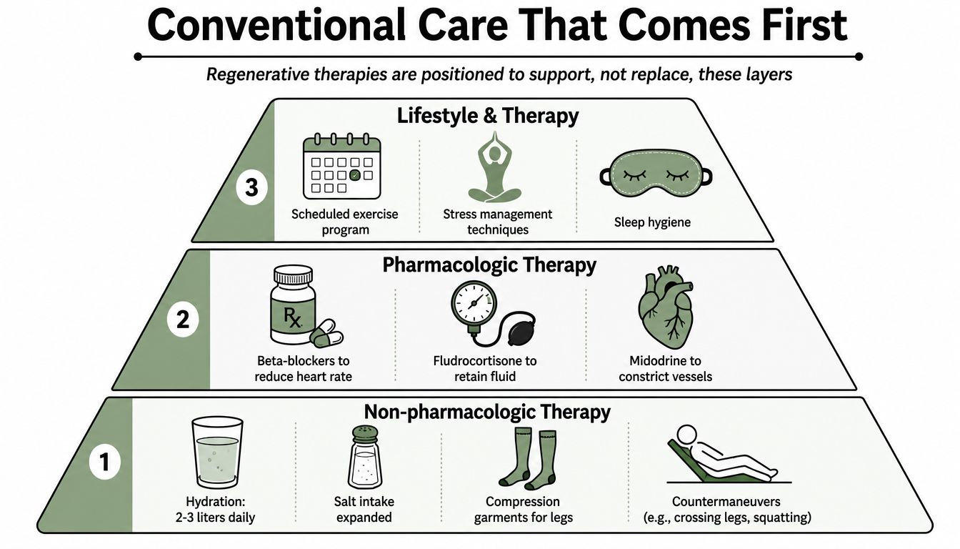 A tiered pyramid diagram illustrating conventional medical treatments for POTS, starting from non-pharmacological care to pharmacological and lifestyle therapies.