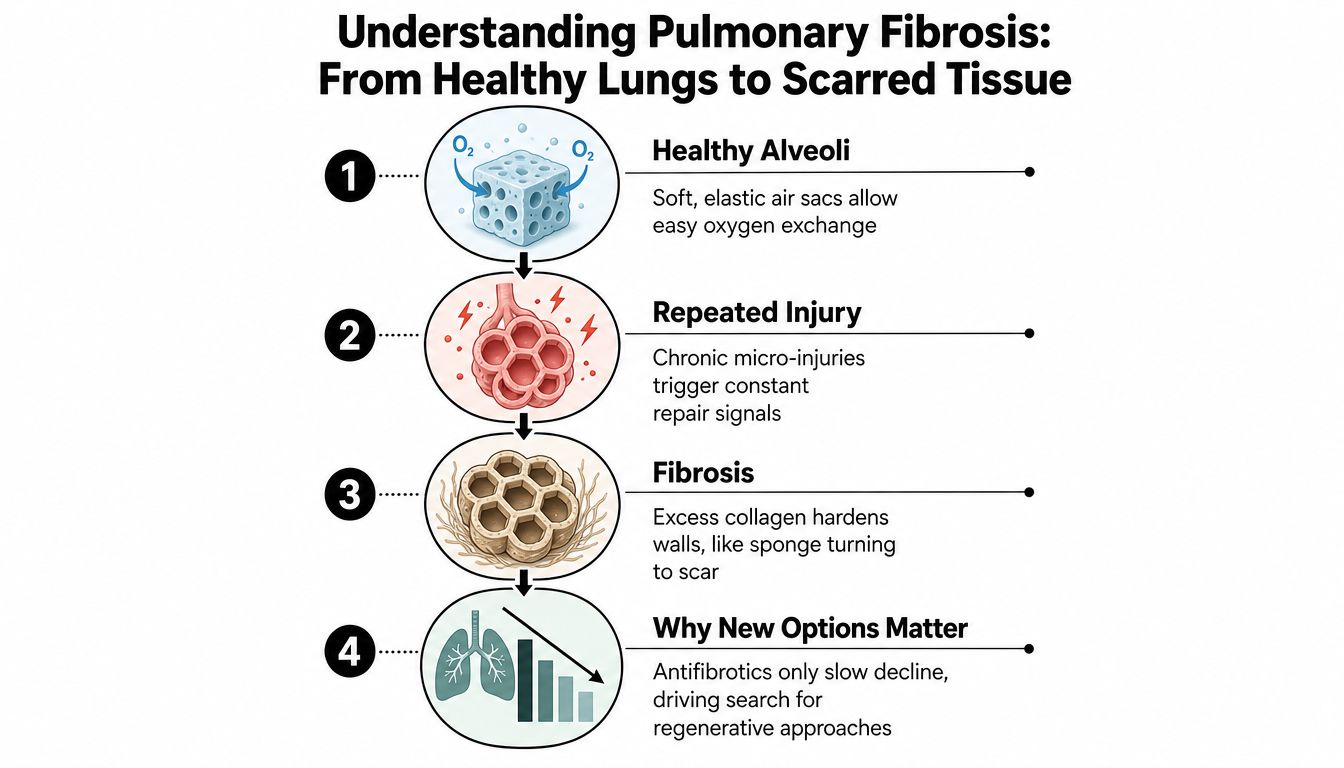 A four-step infographic illustrating the progression of pulmonary fibrosis from healthy alveoli to scarred lung tissue.