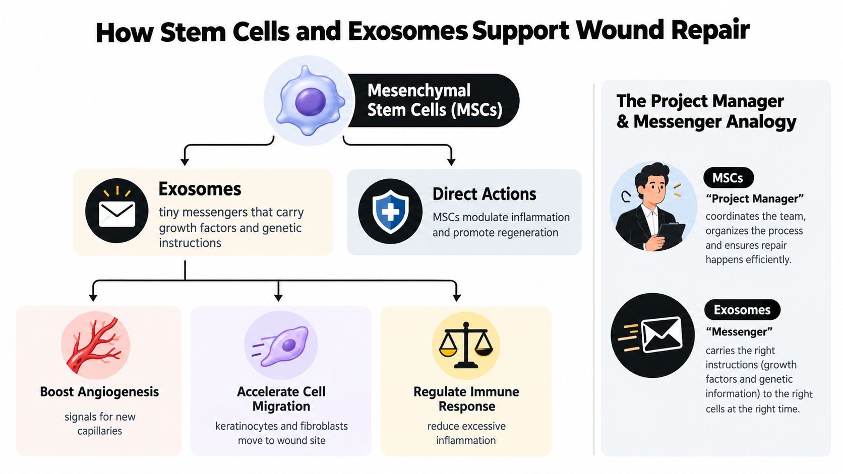 A diagram explaining how mesenchymal stem cells and their exosomes promote effective wound healing and tissue regeneration.