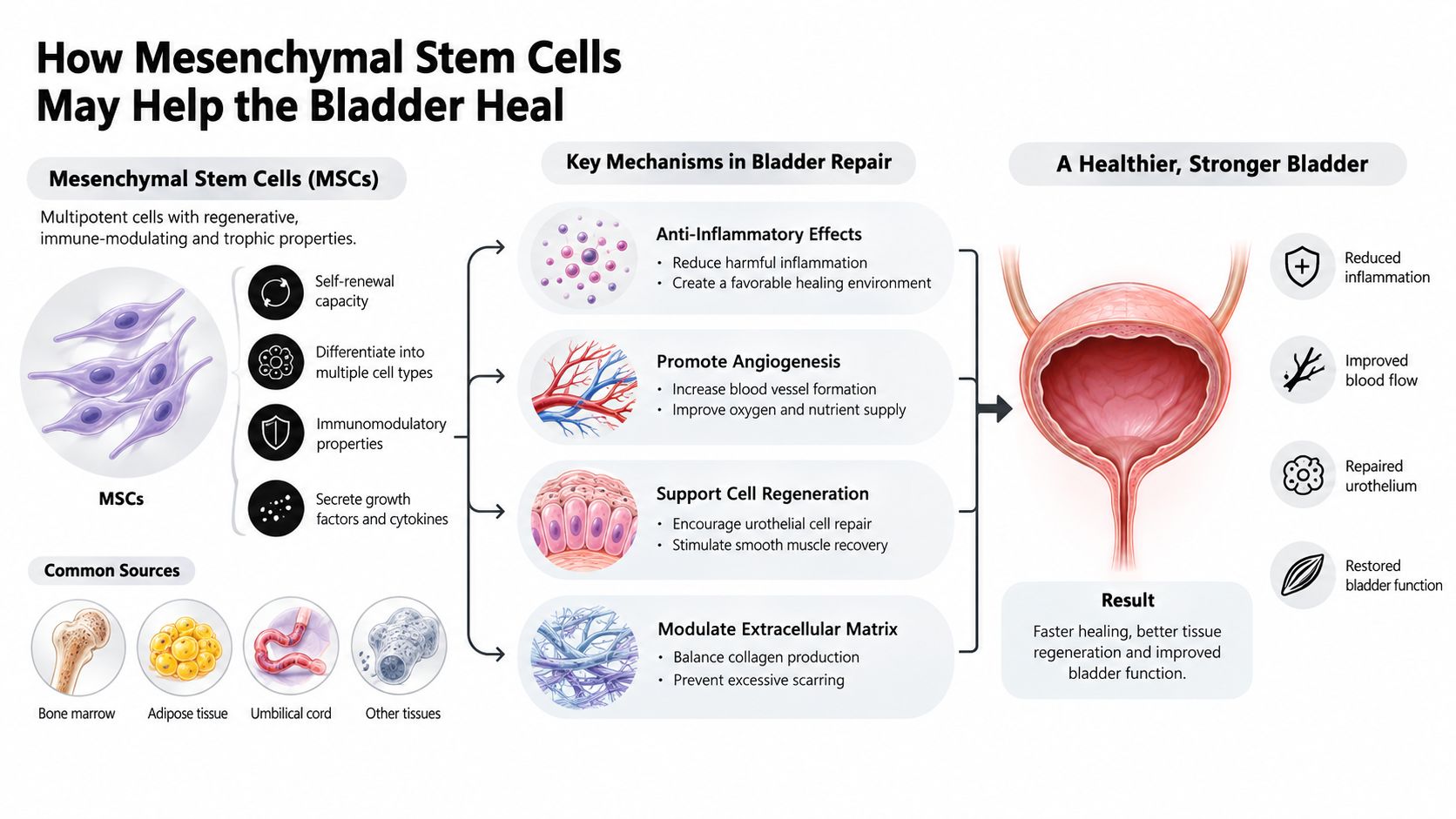 A diagram illustrating how mesenchymal stem cells repair bladder tissue through anti-inflammatory and regenerative biological mechanisms.