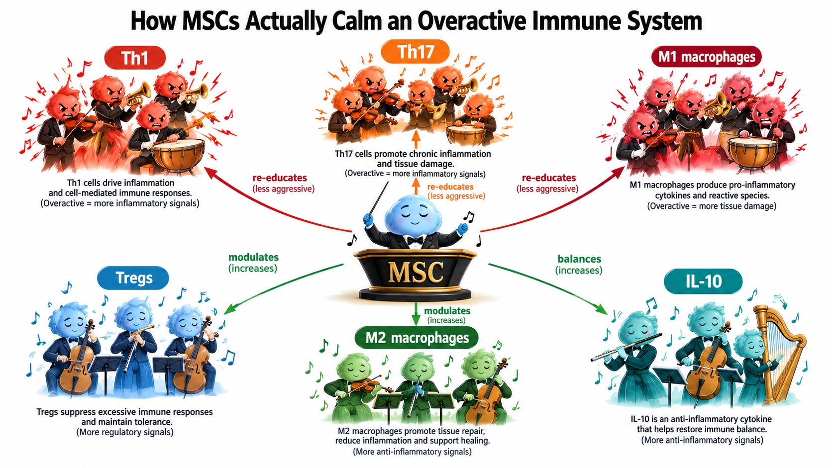 A diagram illustrating how MSCs act as conductors to re-educate overactive immune cells and promote anti-inflammatory balance.