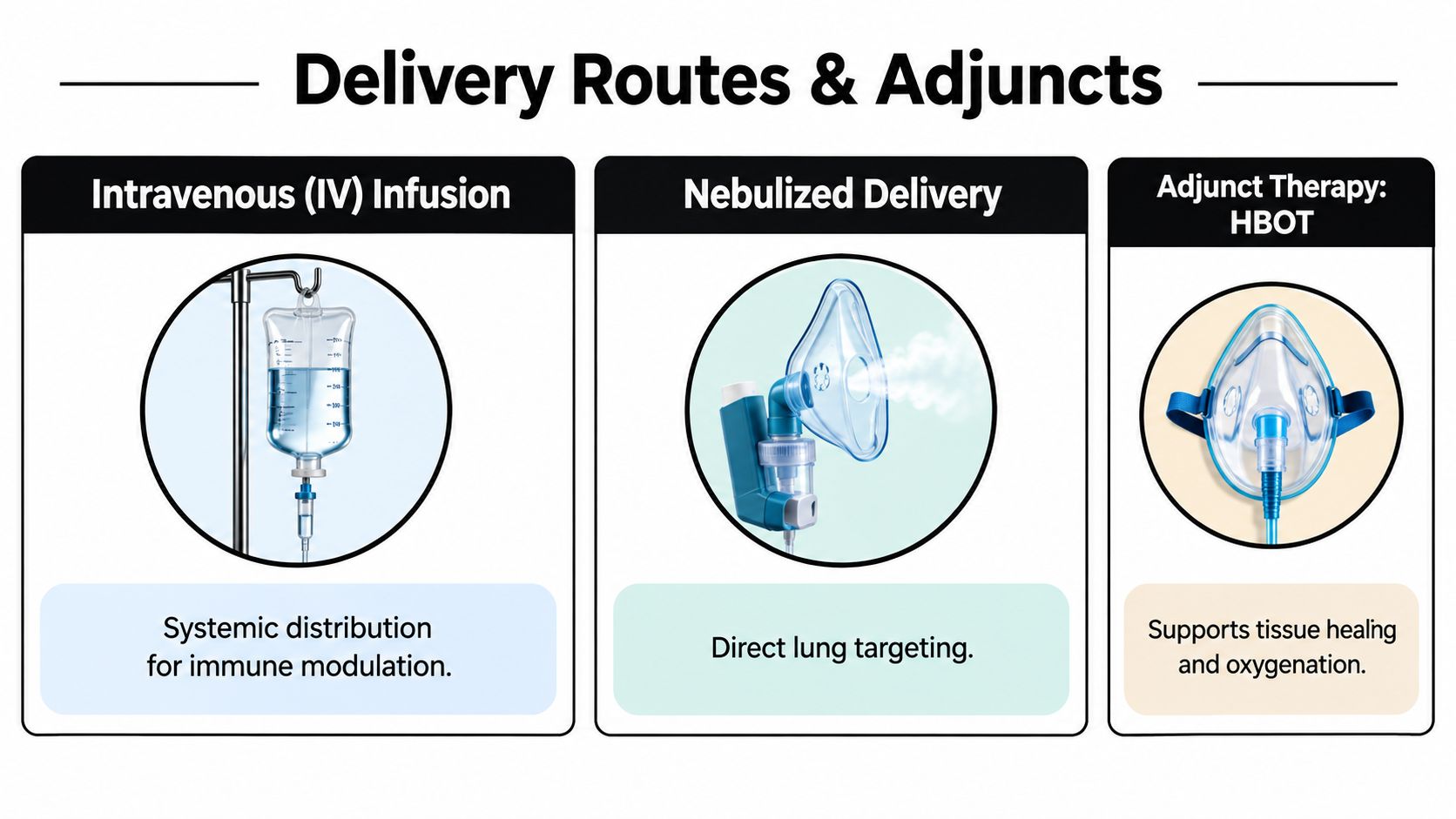 An infographic showing three medical delivery methods: IV infusion, nebulized delivery, and HBOT for therapy.