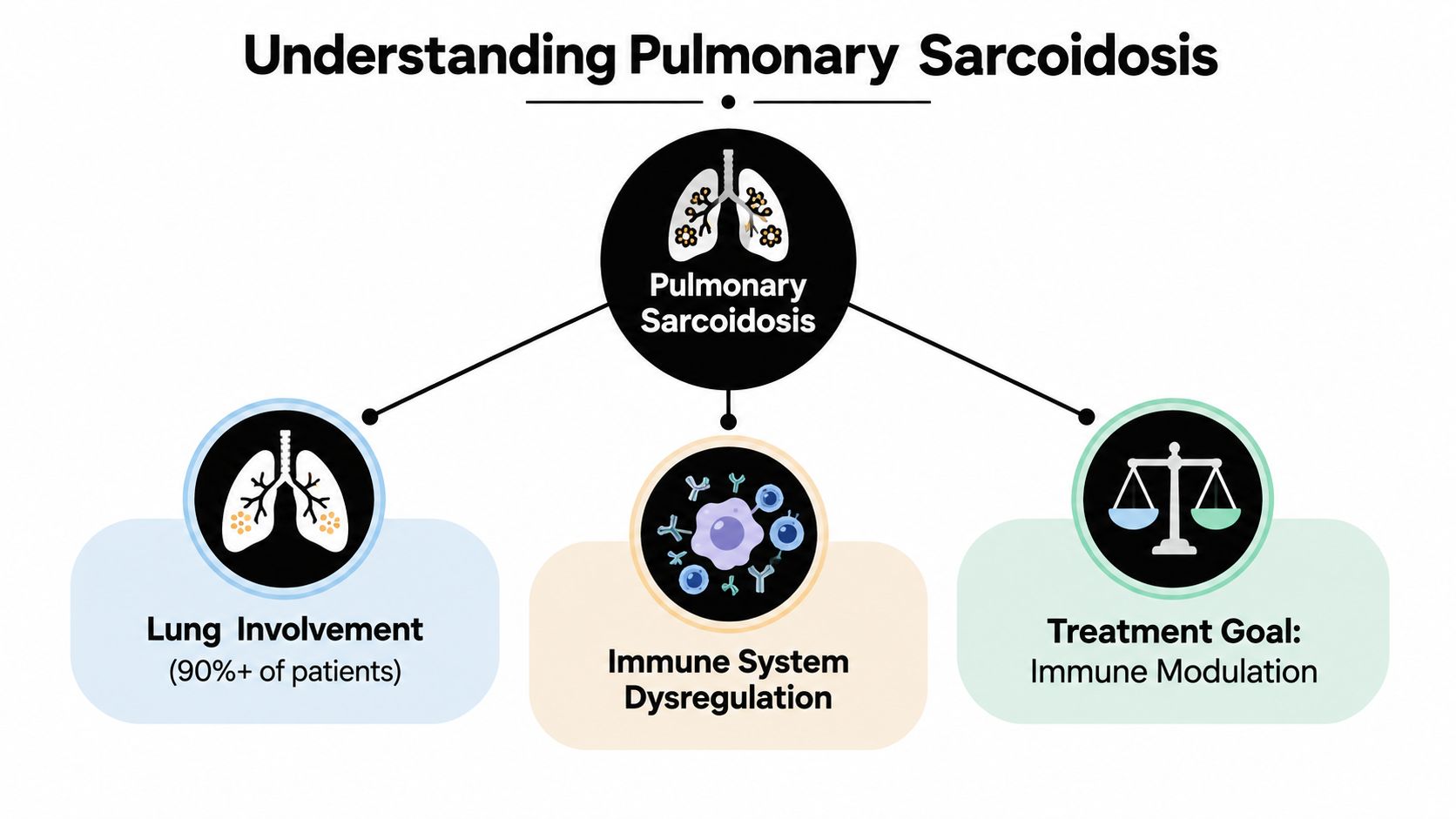 A diagram illustrating pulmonary sarcoidosis, showing lung involvement, immune system dysregulation, and immune modulation treatment goals.