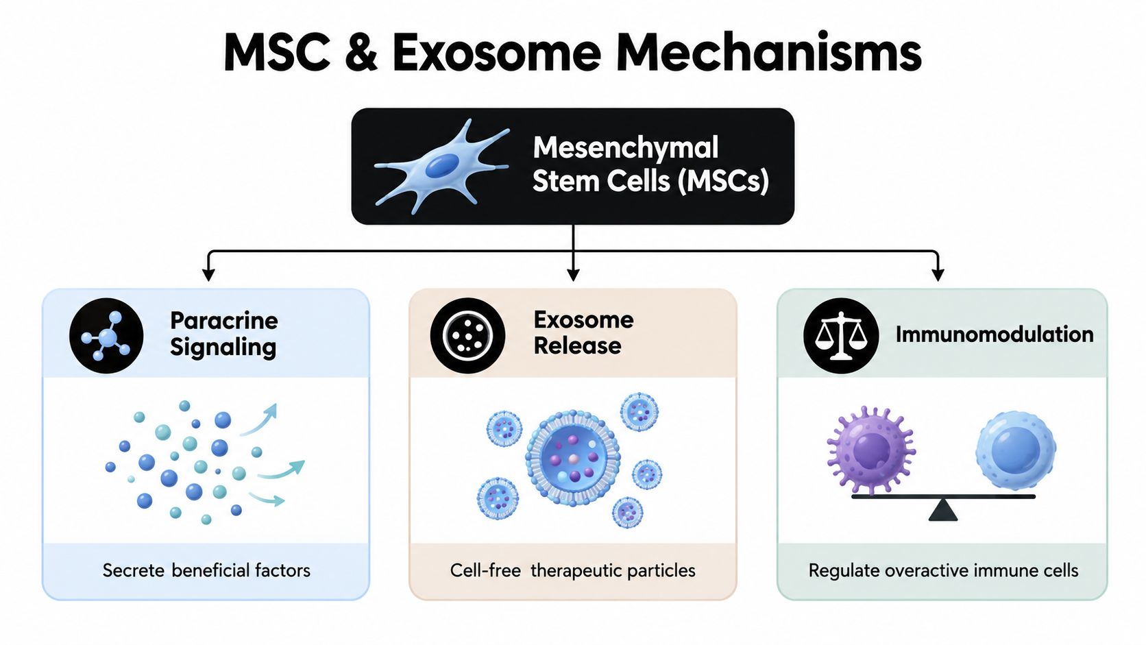 A diagram illustrating the three main therapeutic mechanisms of Mesenchymal Stem Cells: paracrine signaling, exosome release, and immunomodulation.