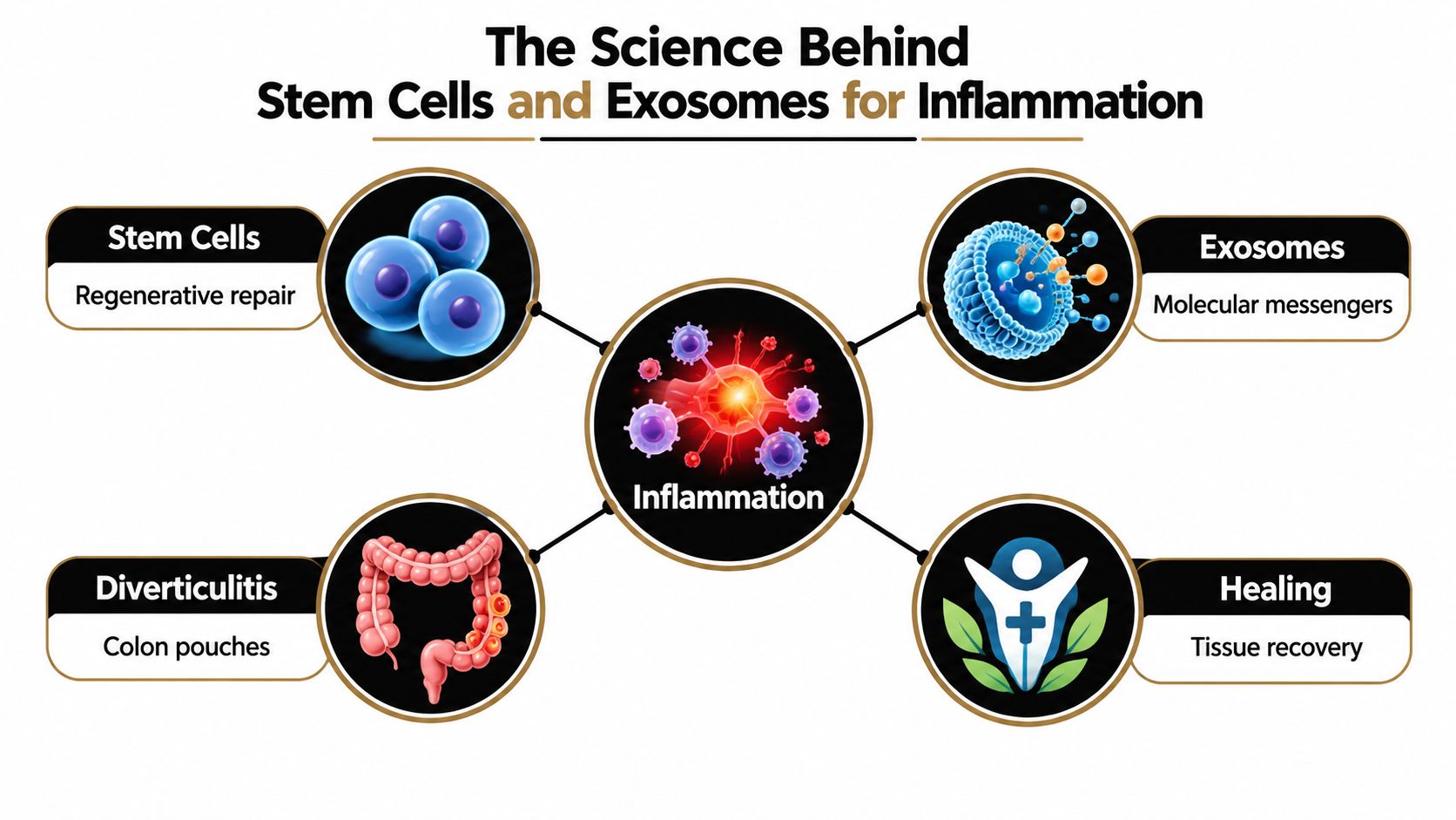 A diagram illustrating how stem cells and exosomes help heal inflammation and conditions like diverticulitis.