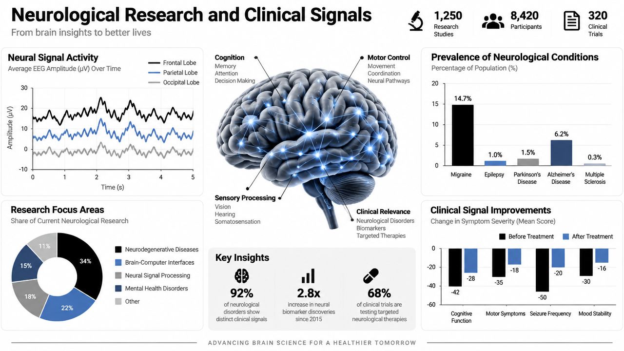 An infographic titled Neurological Research and Clinical Signals displaying data on brain activity, clinical trials, and conditions.