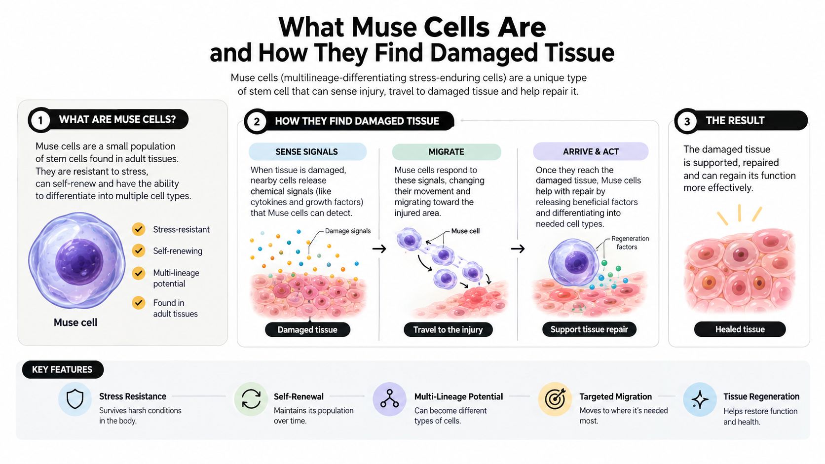 An infographic explaining how multilineage-differentiating stress-enduring Muse cells detect, migrate to, and repair damaged human tissues.
