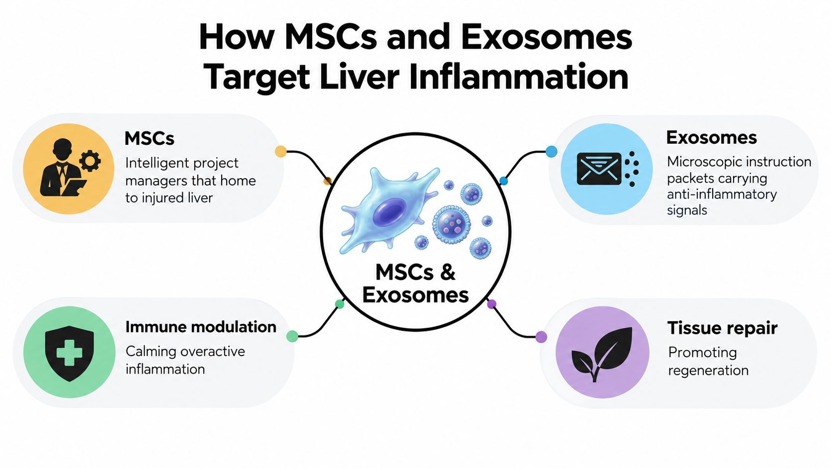 An infographic showing how mesenchymal stem cells and exosomes target liver inflammation to promote tissue repair.