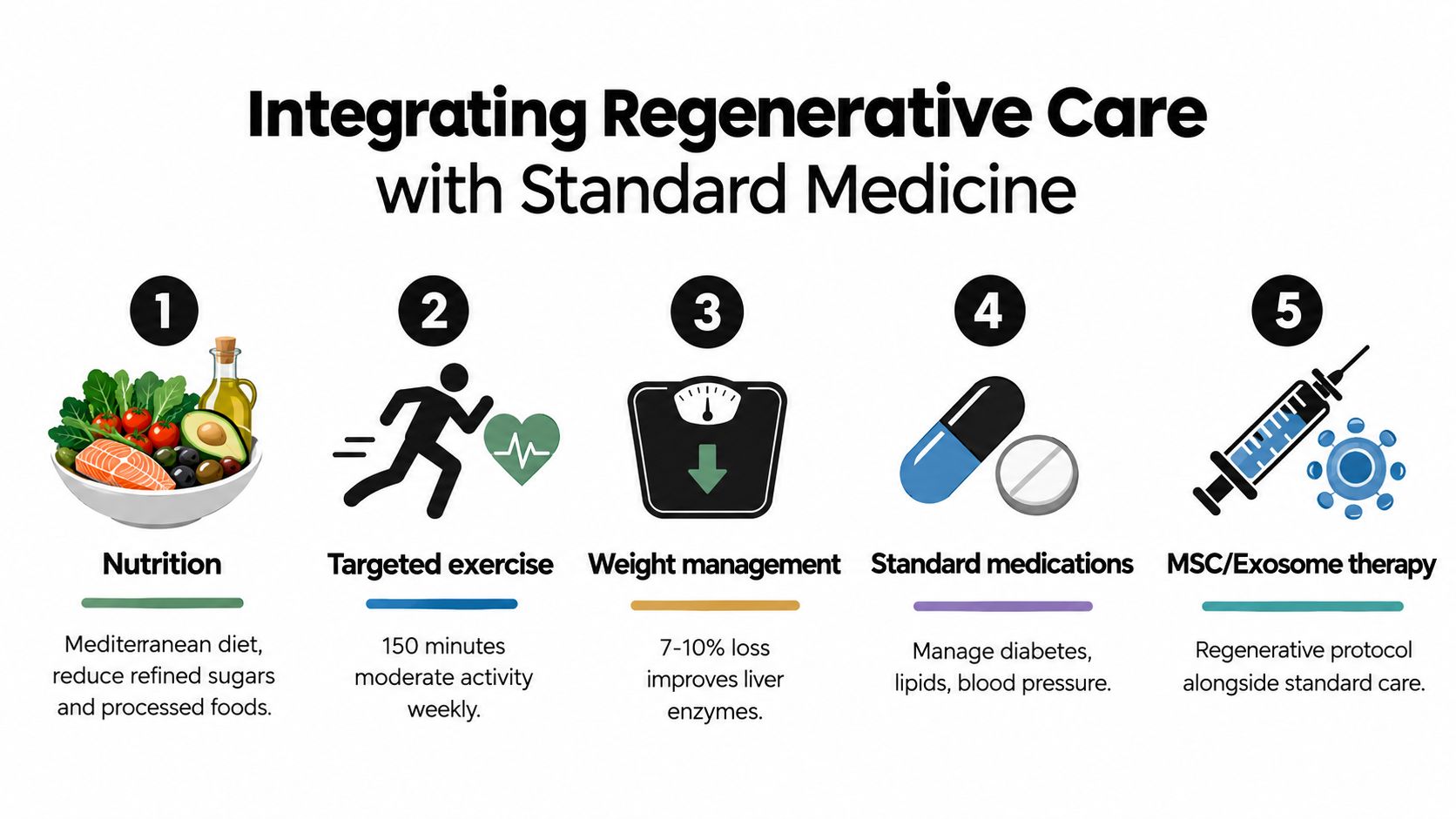 An infographic showing five steps for integrating regenerative care with standard medicine for liver health management.