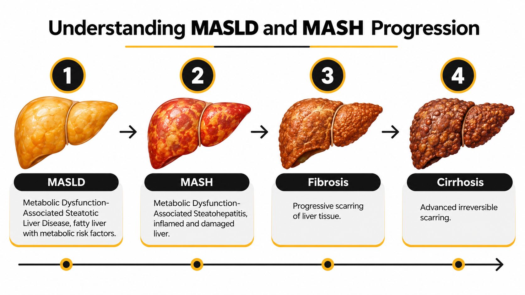 A diagram illustrating the four progressive stages of MASLD and MASH liver disease progression from fatty liver to cirrhosis.