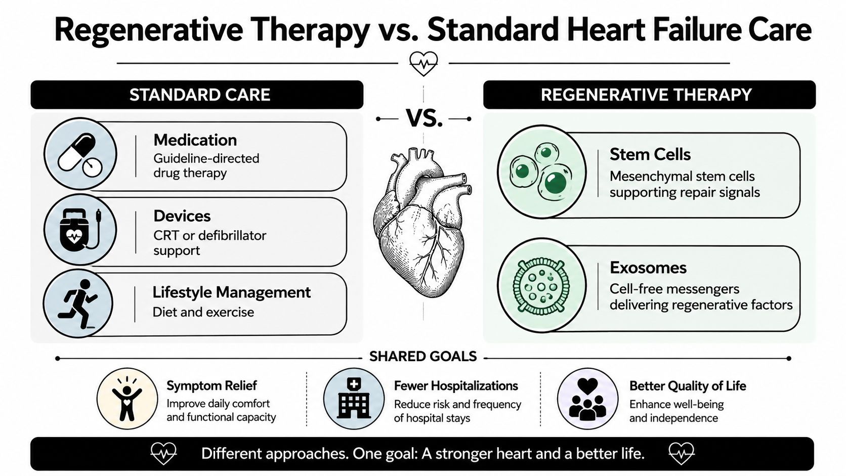 A comparison infographic between standard heart failure care, including medications and devices, versus regenerative stem cell therapy.