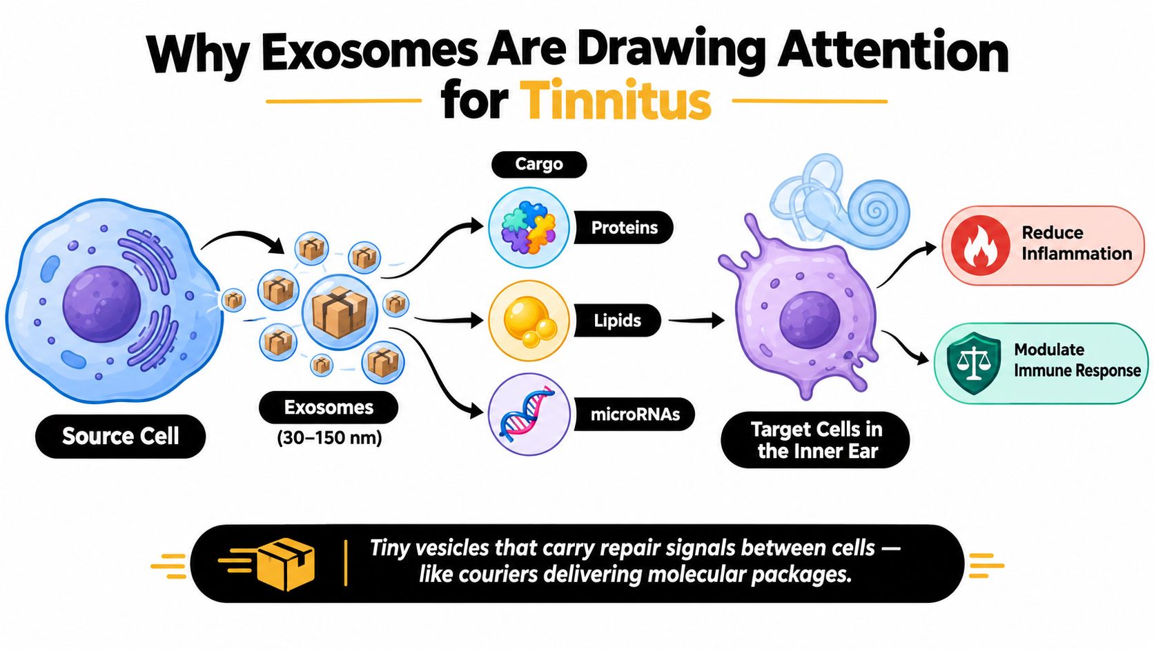 A diagram illustrating how exosomes carry proteins, lipids, and microRNAs to target cells in the inner ear.