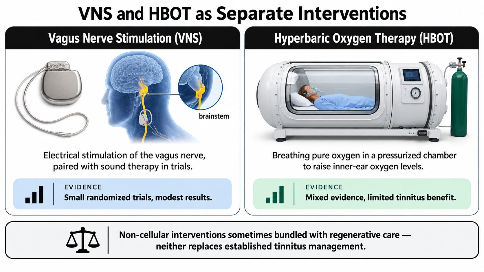 A comparison chart showing Vagus Nerve Stimulation and Hyperbaric Oxygen Therapy as separate treatments for tinnitus management.