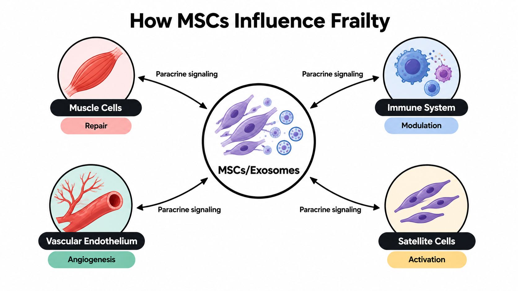 A diagram illustrating how MSCs and exosomes influence frailty through paracrine signaling to various body systems.