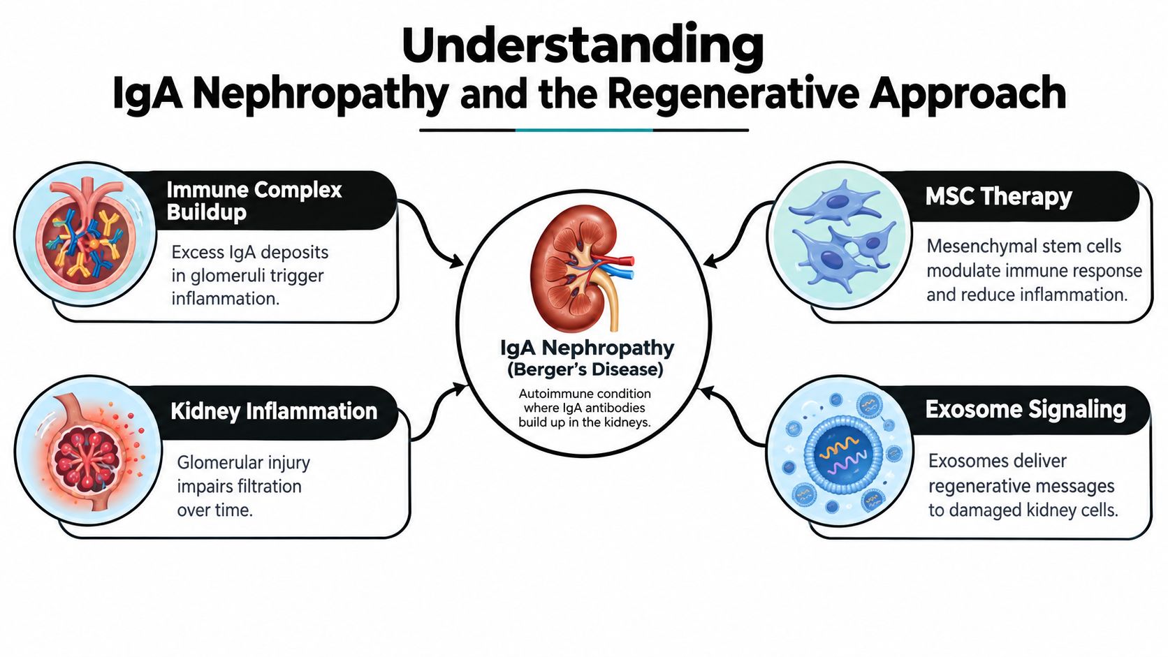 A diagram explaining IgA Nephropathy disease mechanisms and the potential of stem cell and exosome therapy.