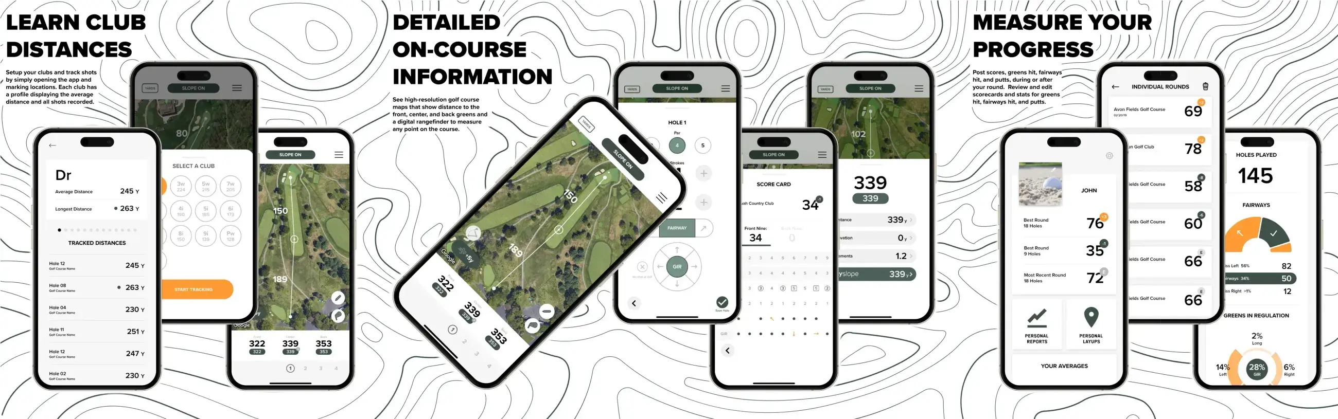 Composite image of smartphones displaying a golf app with features like club distance tracking, detailed course maps, digital rangefinder, scorecards, and progress measurement including stats and averages.