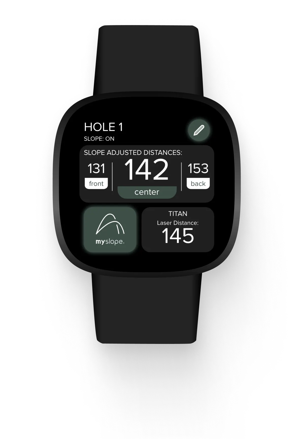 Smartwatch displaying golf slope-adjusted distances for hole 1: front 131, center 142, back 153, with slope on and a laser distance of 145.