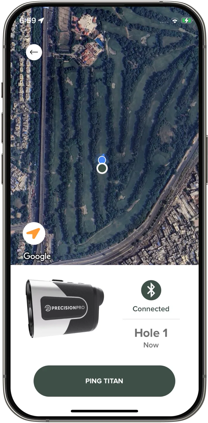 A mobile mockup of the "find my device" screen of the Precision Pro Golf app
