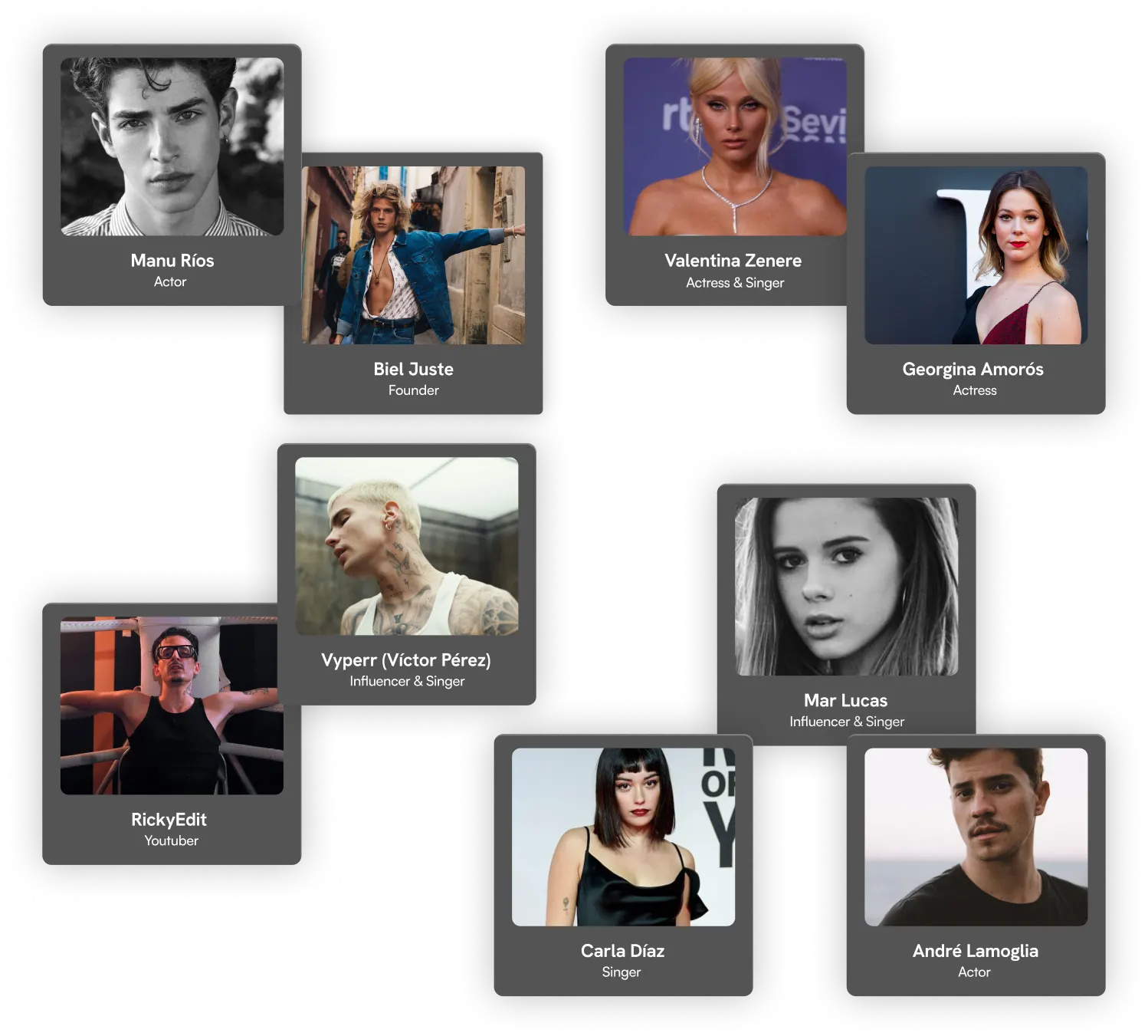 Collage of nine portraits of young celebrities including actors, singers, influencers, and a YouTuber with names and roles labeled below each photo.