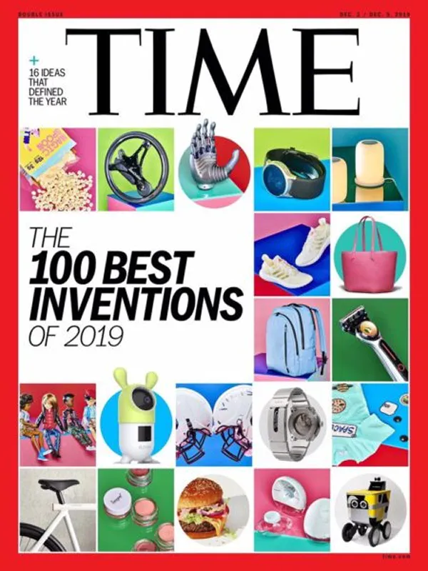 Cover of TIME magazine featuring the 100 best inventions of 2019 with images of various innovative products including a robotic arm, smart watch, wireless earbuds, and a hamburger.