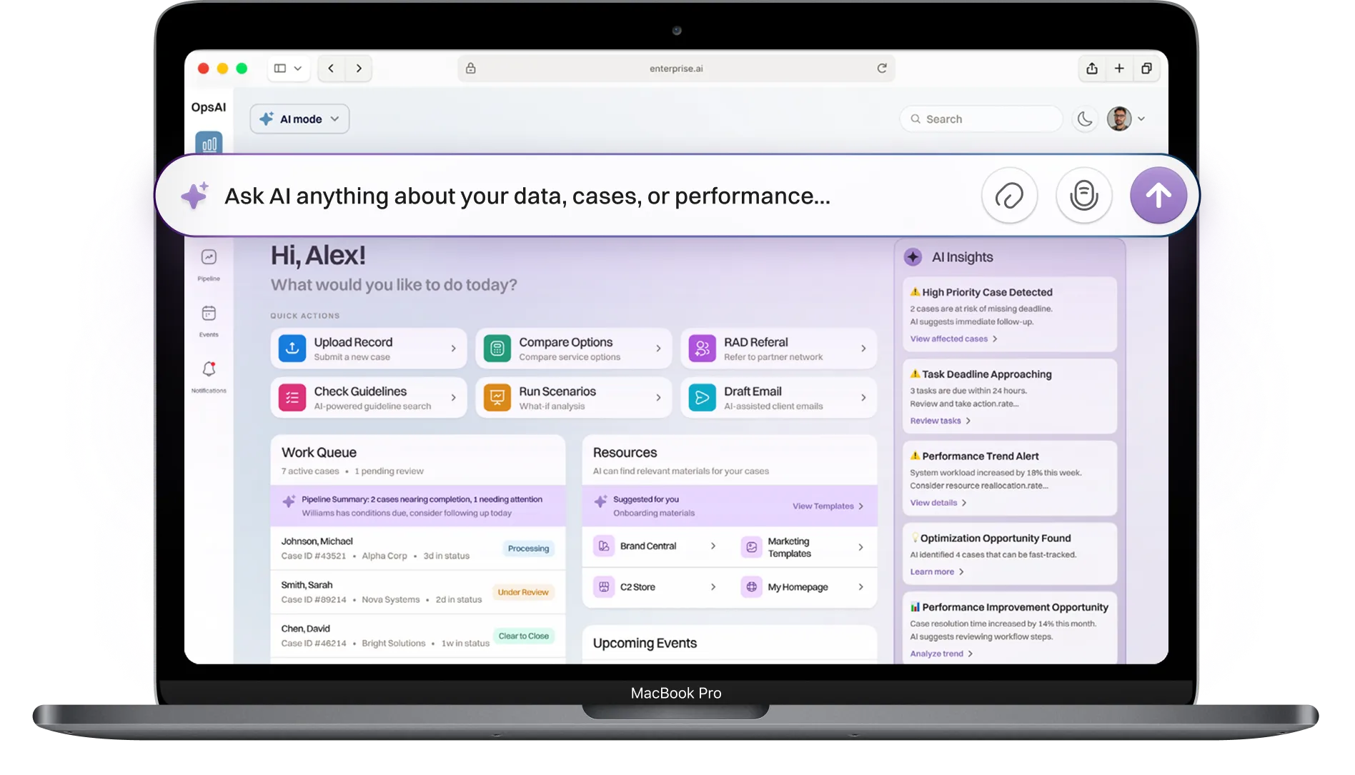 MacBook Pro displaying OpsAI dashboard with AI mode, quick action buttons, work queue, resources, and AI insights on data and case management.