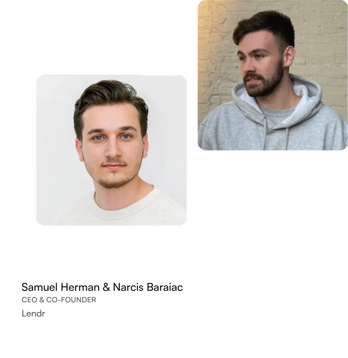 Samuel facing forward with short dark hair and light sweater, and Narcis looking sideways wearing a gray hoodie against a brick wall.