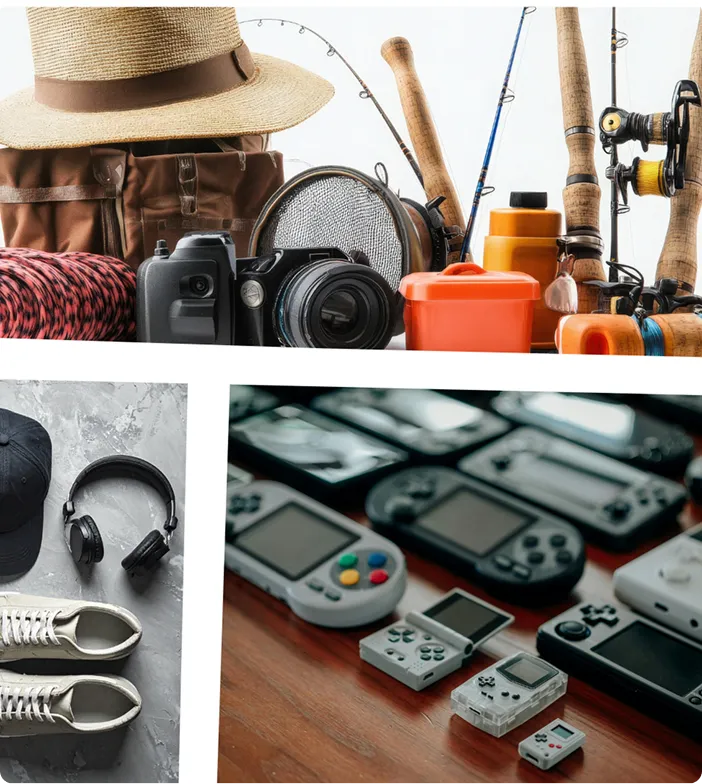 Collage of hobbies with gear for fishing including rods and reels, vintage camera with accessories, casual shoes with a cap and headphones, and various handheld gaming consoles on a wooden surface.