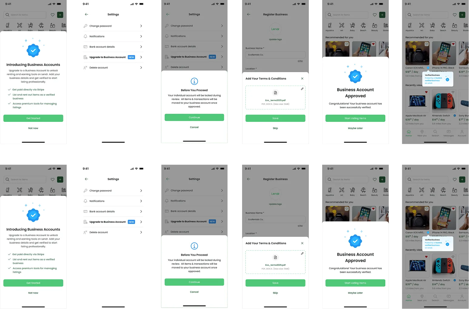 A series of mobile app screens showing the process of upgrading to a business account, including introduction, settings menu, confirmation prompt, business registration form, terms and conditions upload, and account approval confirmation.