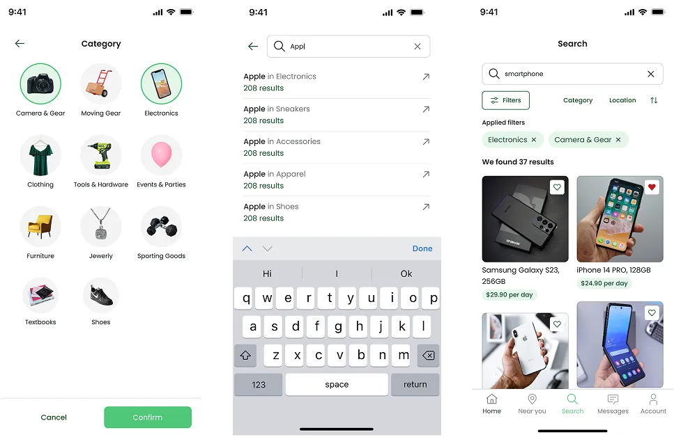 Three smartphone screens showing an app interface: category selection with icons for various items, search with results for 'Apple' across different product types, and filtered search results for smartphones with images, prices, and daily rental rates.