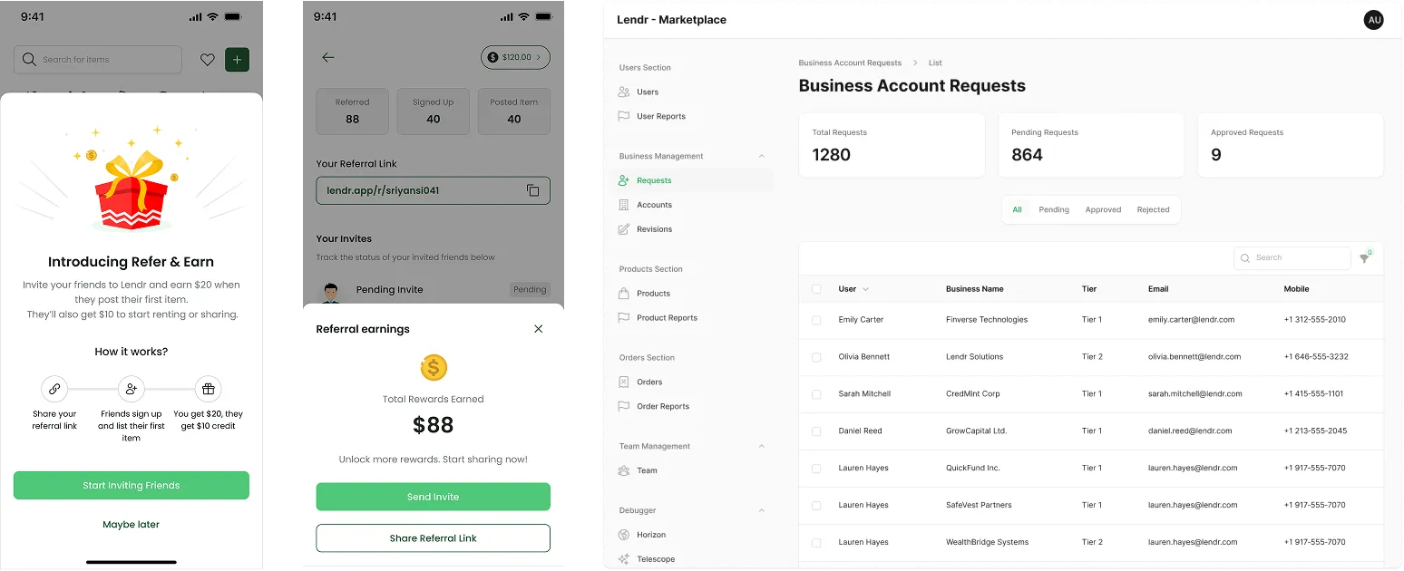 Mobile app screens showing a Refer & Earn program with referral earnings of $88 and a web dashboard with business account requests including user list and statuses.