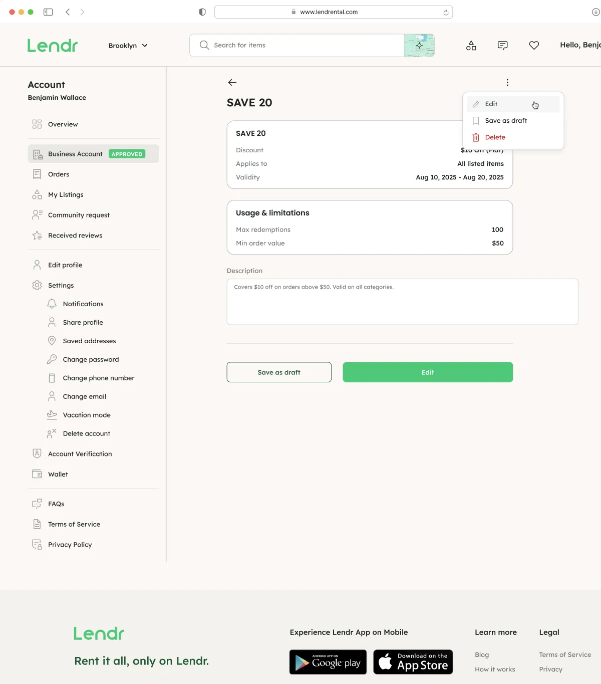 Lendr user account page showing a $10 off discount coupon named SAVE 20, valid Aug 10-20, 2025, with usage limitations and options to edit or save as draft.