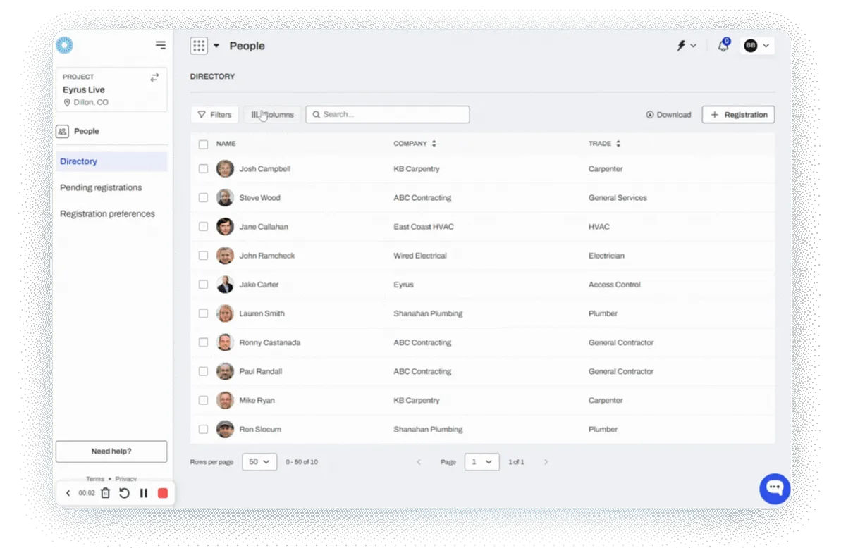 User interface showing a directory list of people with columns for name, company, and trade, and options to filter, search, download, and register.