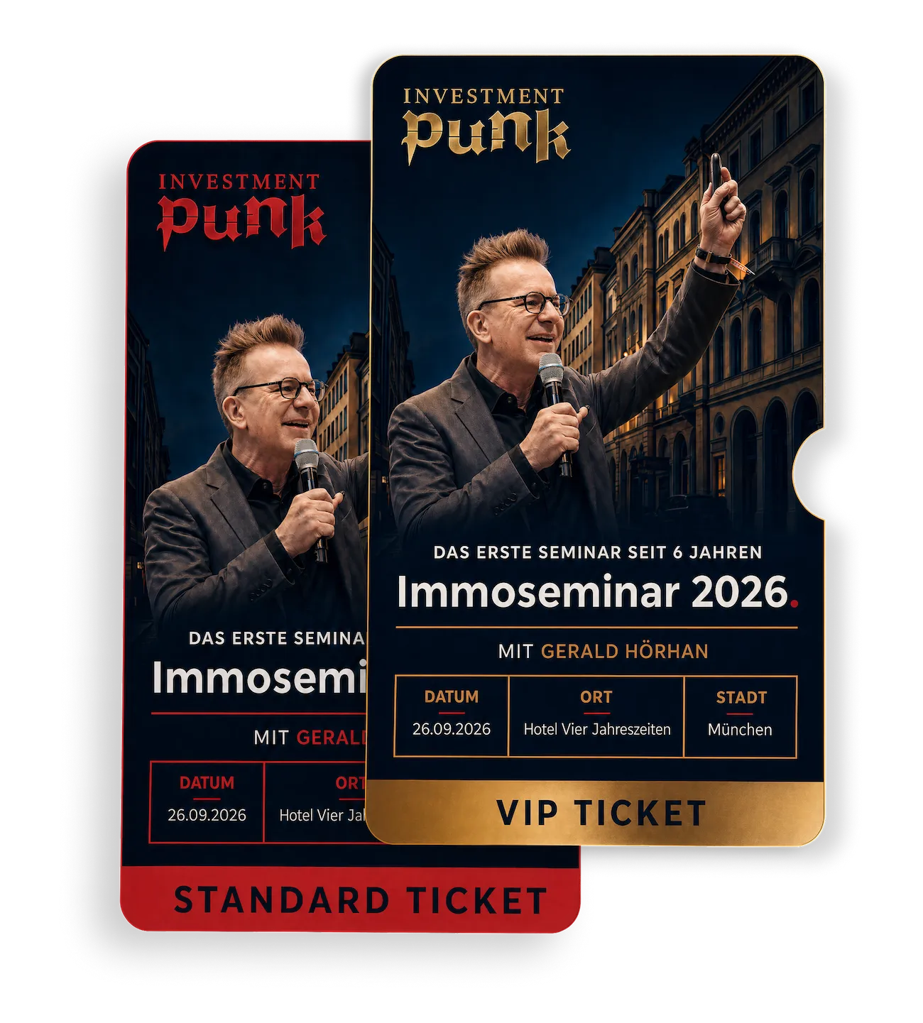 VIP- und Standard-Ticket für das Immoseminar 2026 mit Gerald Hörhan am 26.09.2026 im Hotel Vier Jahreszeiten in München.