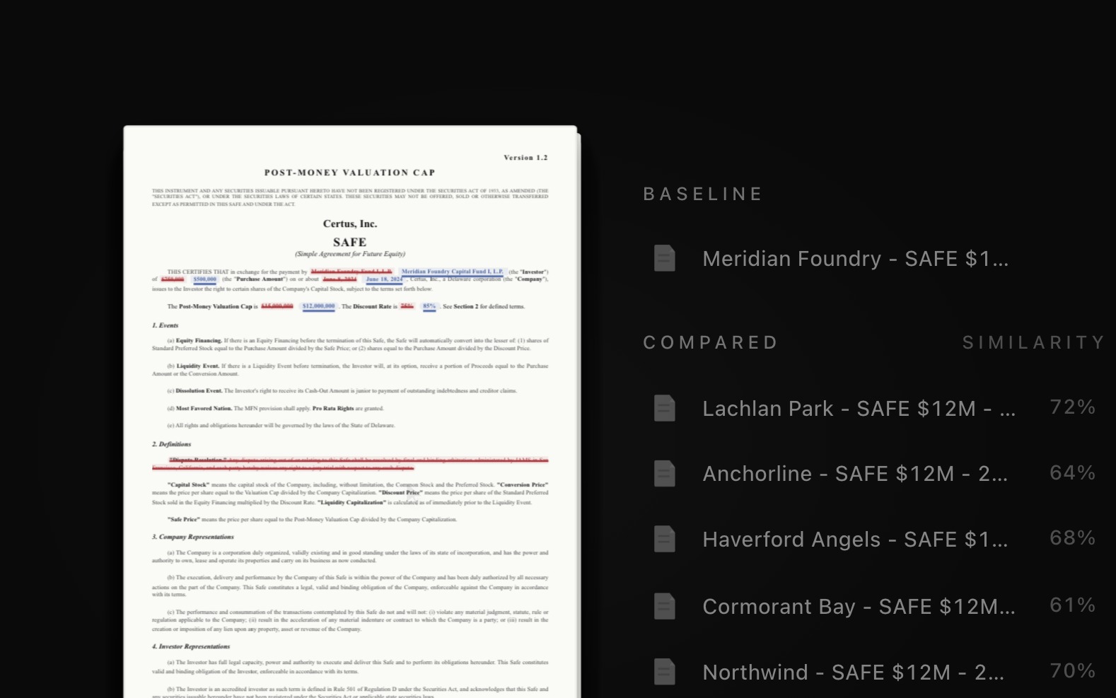 A redlined SAFE agreement in Marveri beside five other SAFEs ranked by similarity to the baseline