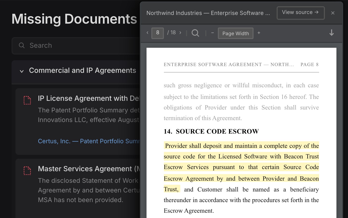 Marveri's missing documents panel beside the source page it cites, with the source code escrow clause highlighted