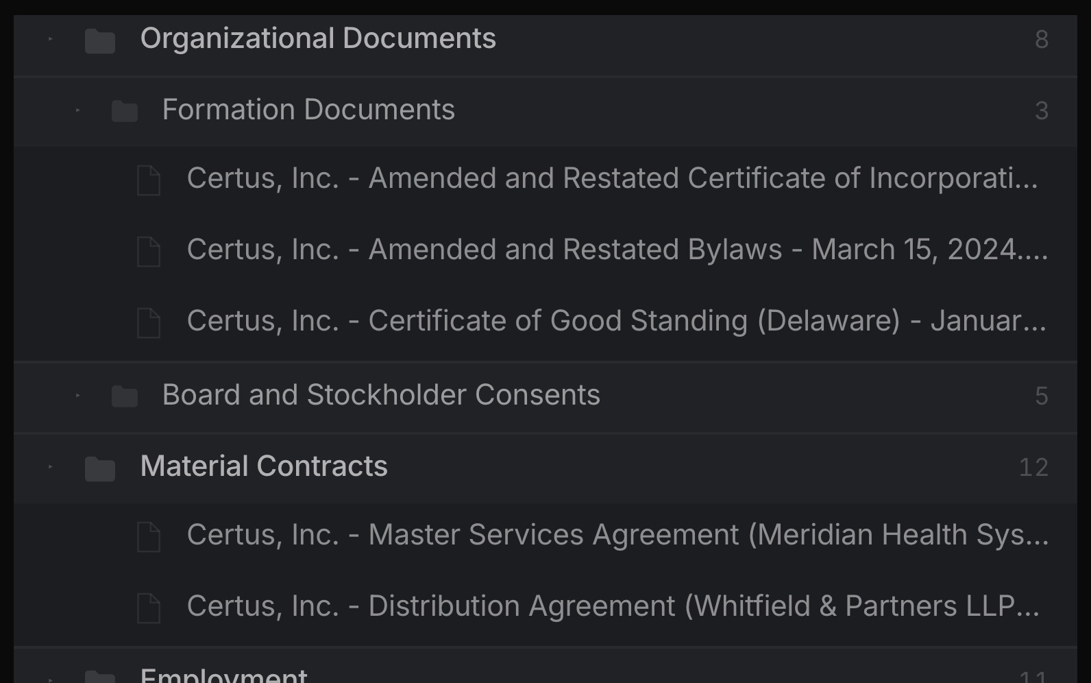 A data room organized by Marveri, every document renamed to a firm naming convention