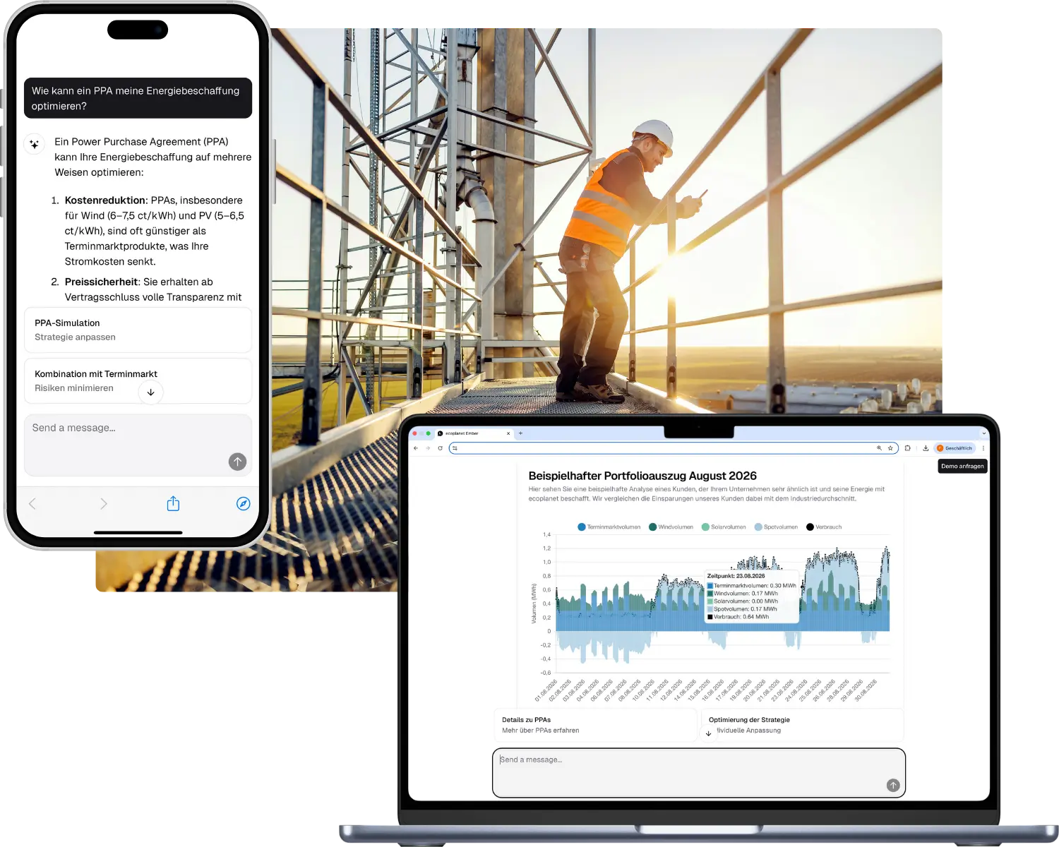 Visualisierung von ecoplanetGPT im Einsatz: Smartphone-Ansicht mit Chat über PPA-Strategien, daneben ein Industriekunde auf einem Werksgelände sowie ein Laptop mit Energie-Analysegrafik aus dem ecoplanet-Cockpit.