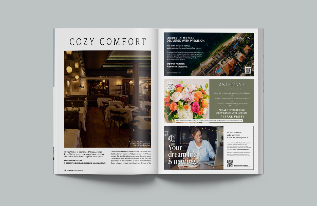 Real Results Title: shows an open magazine spread with colorful ad layouts.