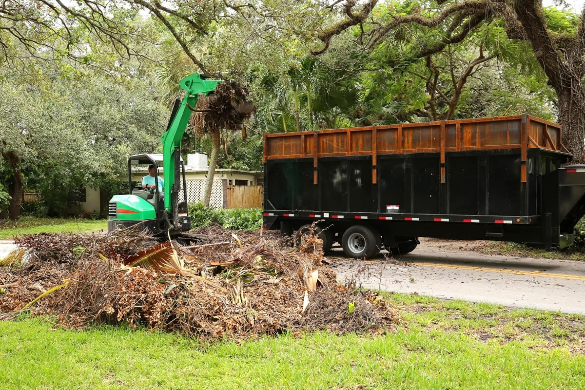 A machine moving excess brush onto a dump truck
