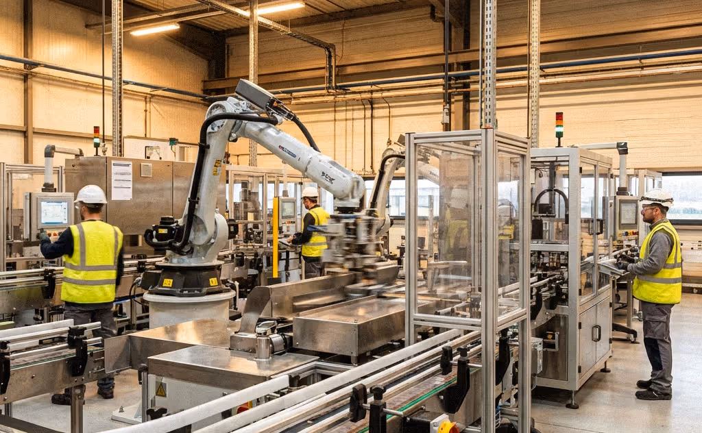 Trois ouvriers en casques et gilets de sécurité surveillent des robots industriels dans une usine moderne accompagné par DUNE Energie