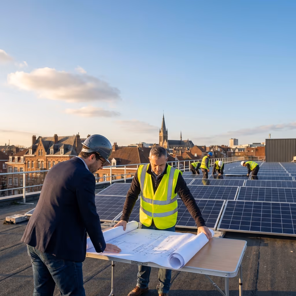Deux ingénieurs discutant un plan sur un toit avec des panneaux solaires en arrière-plan suite à l'accompagnement de DUNE Energie.