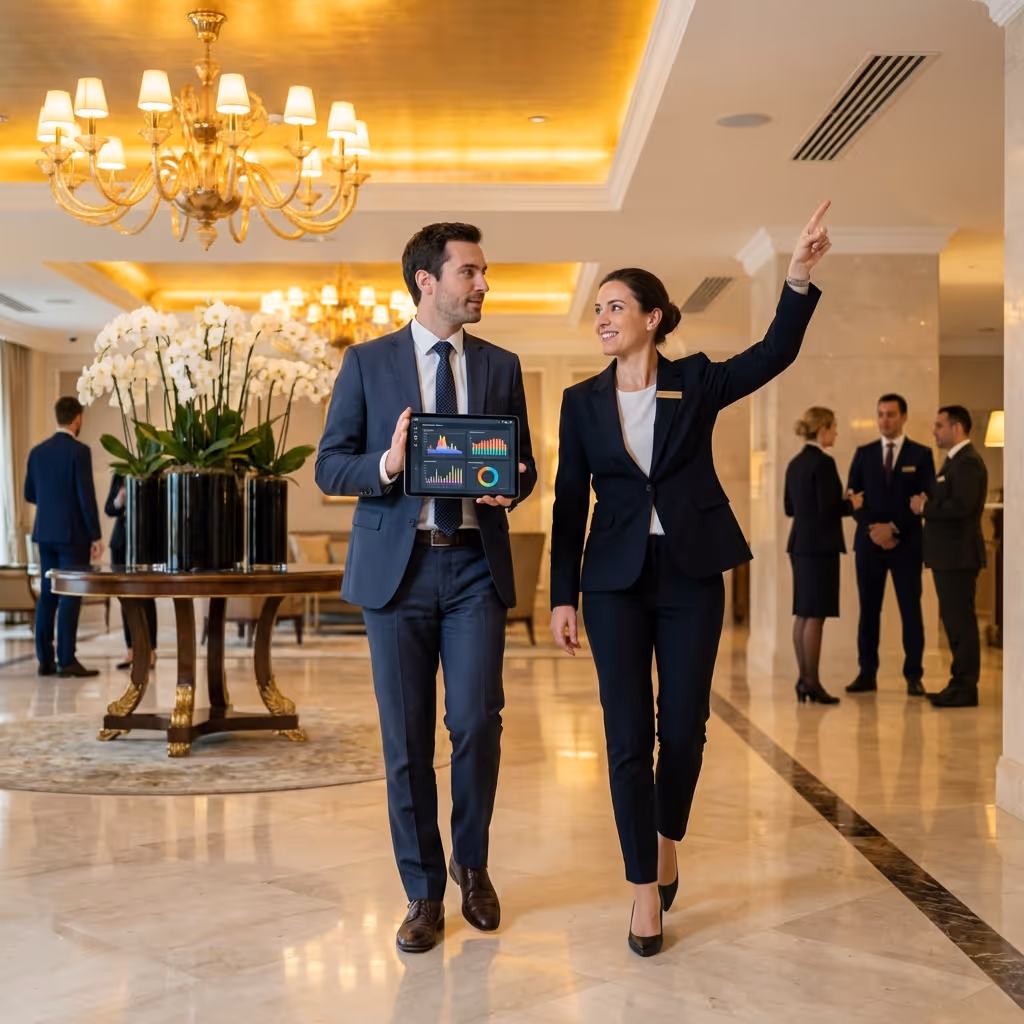 Un expert DUNE Energie en costume discute dans un hall luxueux avec une dirigeante d'hôtel en tenant une tablette.