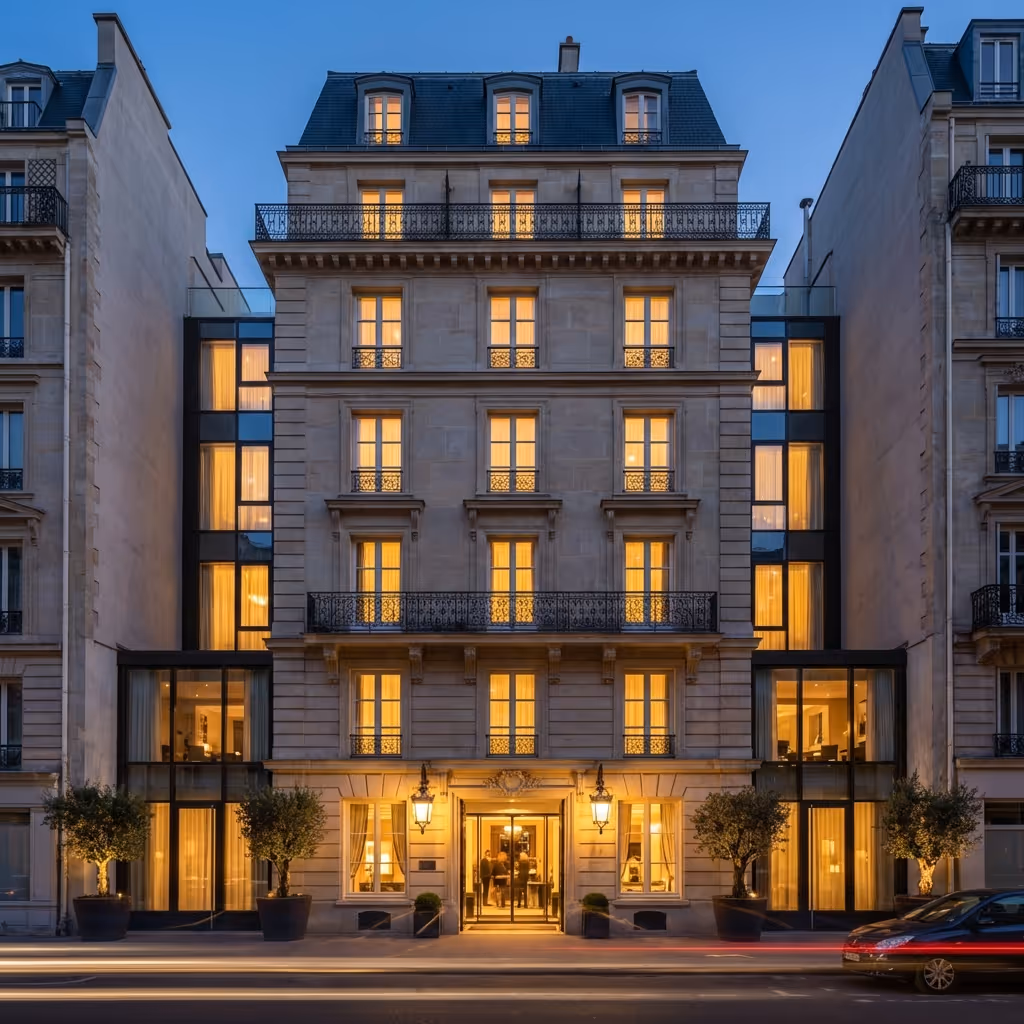 Façade éclairée d'un hôtel parisien client de DUNE Energie. Il possède cinq étages, c'est en soirée avec voitures passant devant.