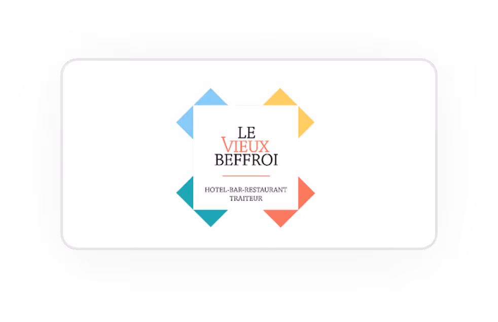 Logo du Vieux Beffroi hôtel, bar, restaurant et traiteur avec formes colorées autour.