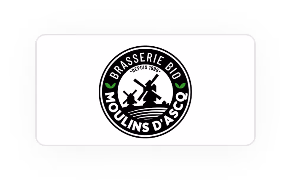 Logo noir et blanc avec trois moulins à vent et texte Brasserie Bio Moulins d'Ascq.