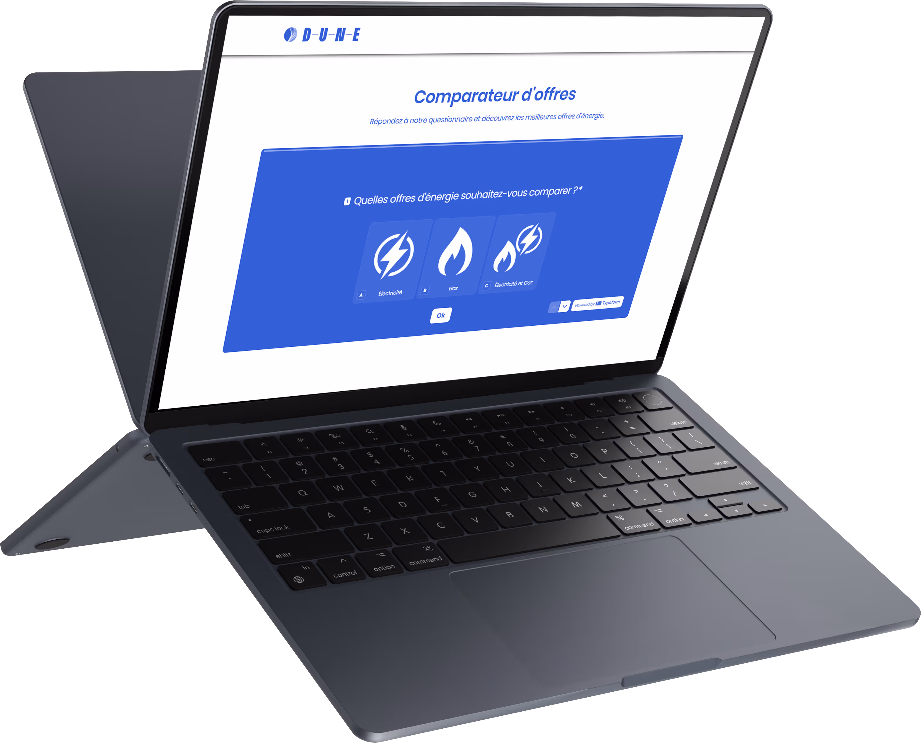 Comparateur d'offres d'énergie pour entreprise DUNE Energie affiché sur ordinateur portable