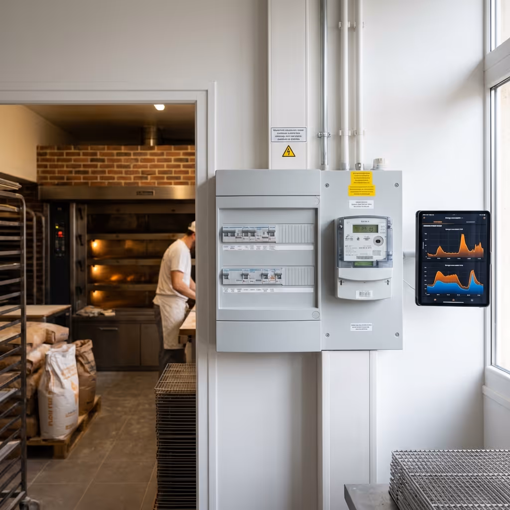 Panneau électrique avec compteur et tablette affichant graphiques à côté d'une cuisine avec boulanger, client de DUNE Energie.